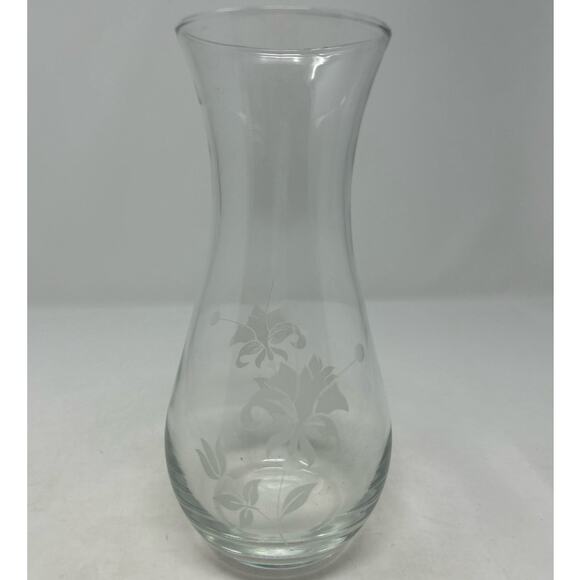 Clear Glass Etched Floral Vase 8" Tall x 3" Opening x 5"‎ Wide - Picture 1 of 7
